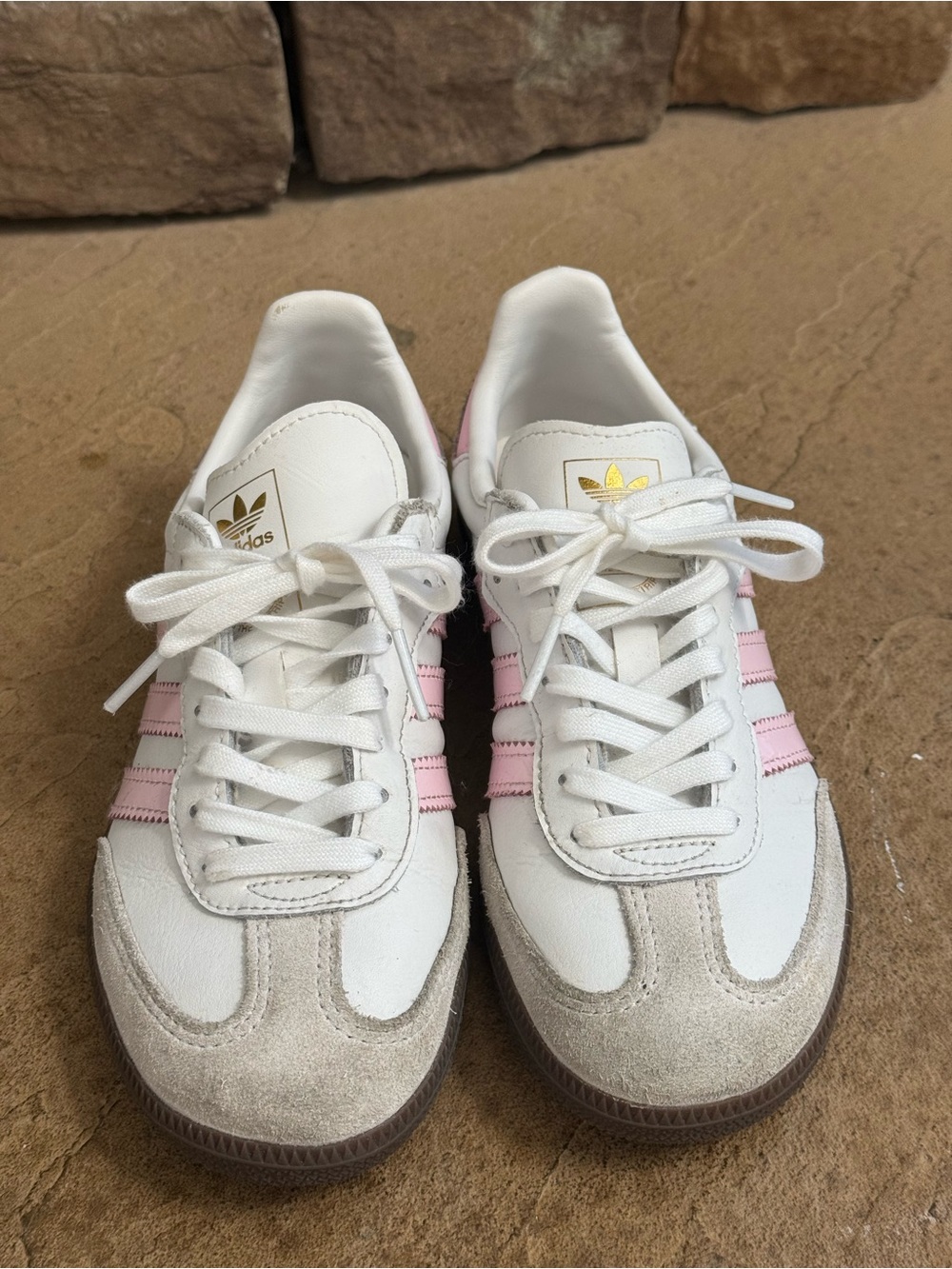 Adidas Girls Samba White with Pink Stripes and Suede Accents